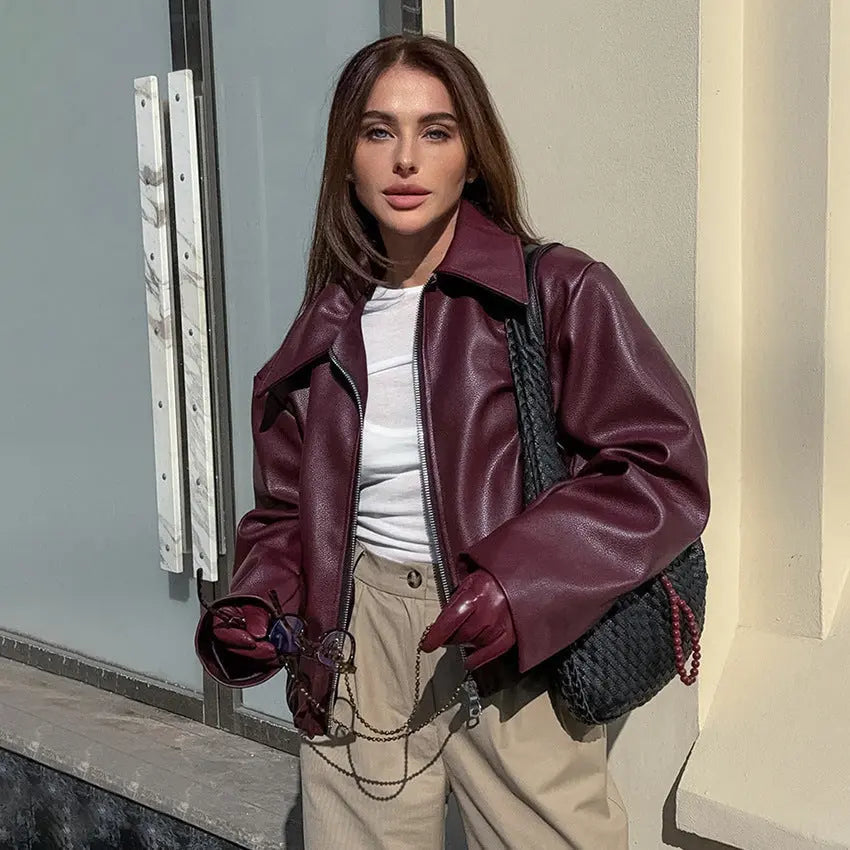 Retro Biker's Style Wine Red Matte Leather Jacket CJWY1912078